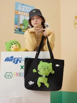 Kawaii Cute Green Cat Canvas Shoulder Bag -Kawaii Fashion Shop Kawaii Cute Green Cat Canvas Shoulder Bag 4