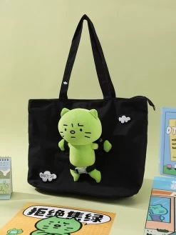 Kawaii Cute Green Cat Canvas Shoulder Bag -Kawaii Fashion Shop Kawaii Cute Green Cat Canvas Shoulder Bag 6