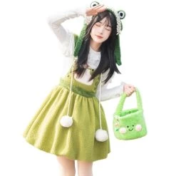 Kawaii Cute Green Frog Embroidery Lolita Skirt -Kawaii Fashion Shop Kawaii Cute Green Frog Embroidery Lolita Skirt4