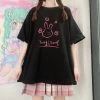 Cute Rabbit Printed Loose T-shirts 2 Cute Rabbit Printed Loose T-shirts -Kawaii Fashion Shop Kawaii E girl Y2K rabbit Graphic Ruffles Hem Hot Pink T shirts Punk 90s Streetwear top