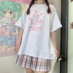 Cute Rabbit Printed Loose T-shirts -Kawaii Fashion Shop Kawaii E girl Y2K rabbit Graphic Ruffles Hem Hot Pink T shirts Punk 90s Streetwear top 2