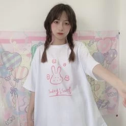 Cute Rabbit Printed Loose T-shirts -Kawaii Fashion Shop Kawaii E girl Y2K rabbit Graphic Ruffles Hem Hot Pink T shirts Punk 90s Streetwear top 4