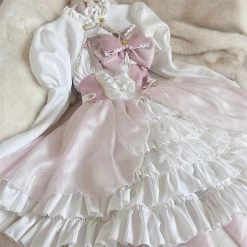 Kawaii Sweet Cherry Pink Lolita JSK Dress -Kawaii Fashion Shop Kawaii Girls Spring Cherry Blossom Pink High Waist Lolita Dress Cute Loli Strap Vestidos Big Bowknot 2