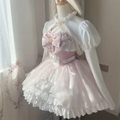 Kawaii Sweet Cherry Pink Lolita JSK Dress -Kawaii Fashion Shop Kawaii Girls Spring Cherry Blossom Pink High Waist Lolita Dress Cute Loli Strap Vestidos Big Bowknot 3