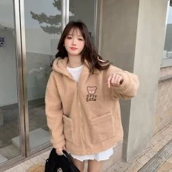 Kawaii Lamb Plush Bear Hoodie -Kawaii Fashion Shop Kawaii Imitation Lamb Plush Bear Embroidery Zip Up Harajuku Oversized Plus Velvet Thick Long Sleeve Hoodie 2
