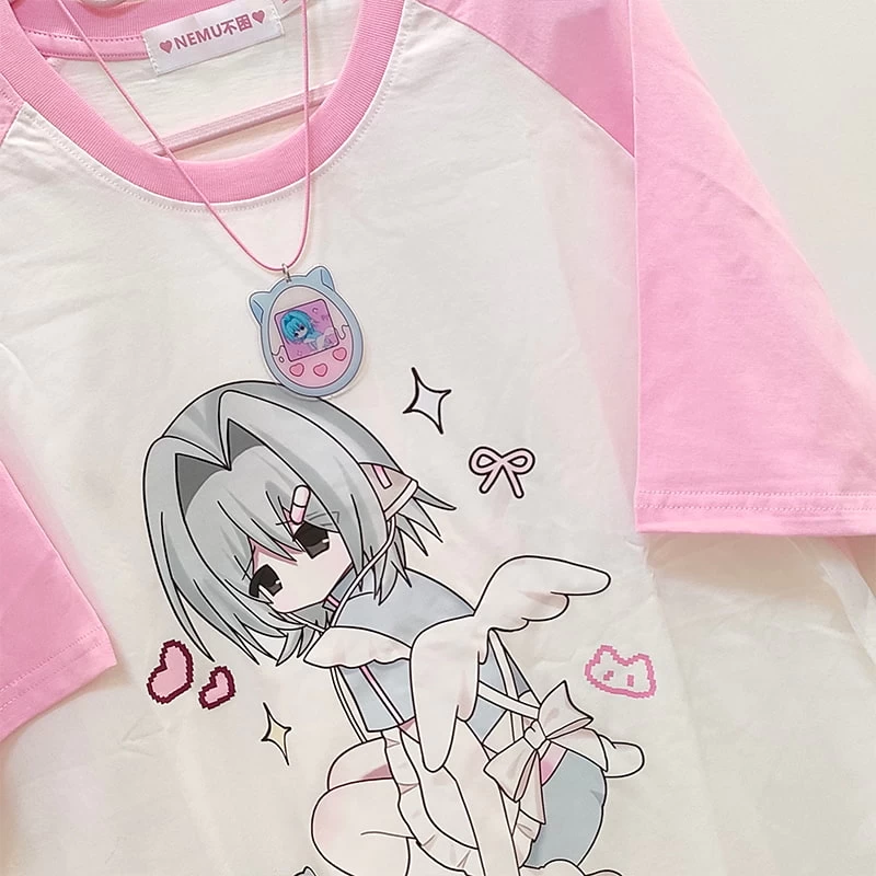 Kawaii Jirai Kei Style Pink Cartoon Print T-shirt 4 Kawaii Jirai Kei Style Pink Cartoon Print T-shirt - Image 2