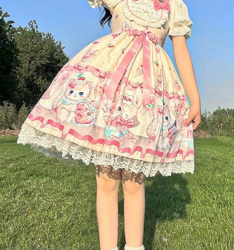 Kawaii Kitty Print Knot Lolita JSK Dress 4 Kawaii Kitty Print Knot Lolita JSK Dress - Image 2