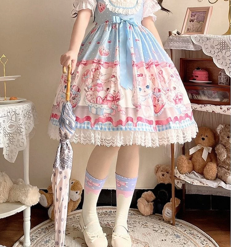 Kawaii Kitty Print Knot Lolita JSK Dress 3 Kawaii Kitty Print Knot Lolita JSK Dress