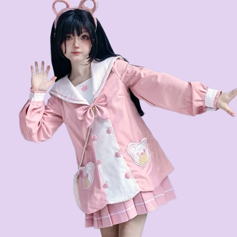 Kawaii Pink Bear Embroidered JK Uniform Suit 3 Kawaii Pink Bear Embroidered JK Uniform Suit