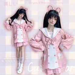 Kawaii Pink Bear Embroidered JK Uniform Suit 12 Kawaii Pink Bear Embroidered JK Uniform Suit -Kawaii Fashion Shop Kawaii Pink Bear Embroidered JK Uniform Suit 5