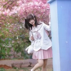 Kawaii Pink Cartoon Rabbit Embroidered JK Uniform Skirt Suit -Kawaii Fashion Shop Kawaii Pink Cartoon Rabbit Embroidered JK Uniform Skirt Suit 3