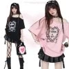 Kawaii Punk Girl Style Leather Button Off-shoulder Loose T-shirt -Kawaii Fashion Shop Kawaii Punk Girl Style Leather Button Off shoulder Loose T shirt 1