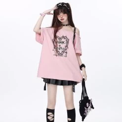 Kawaii Punk Girl Style Leather Button Off-shoulder Loose T-shirt -Kawaii Fashion Shop Kawaii Punk Girl Style Leather Button Off shoulder Loose T shirt 3
