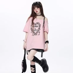 Kawaii Punk Girl Style Leather Button Off-shoulder Loose T-shirt -Kawaii Fashion Shop Kawaii Punk Girl Style Leather Button Off shoulder Loose T shirt 4