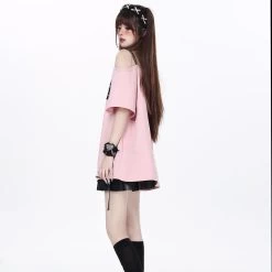 Kawaii Punk Girl Style Leather Button Off-shoulder Loose T-shirt -Kawaii Fashion Shop Kawaii Punk Girl Style Leather Button Off shoulder Loose T shirt 7