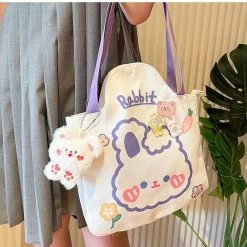Kawaii Bear Rabbit Shoulder Bag 10 Kawaii Bear Rabbit Shoulder Bag -Kawaii Fashion Shop Kawaii Shoulder Bag For Girls Bear Rabbit Tote Handbags Canvas Large Capacity Student Book Storage Bags 2