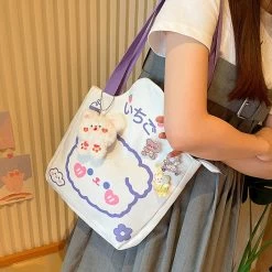 Kawaii Bear Rabbit Shoulder Bag 11 Kawaii Bear Rabbit Shoulder Bag -Kawaii Fashion Shop Kawaii Shoulder Bag For Girls Bear Rabbit Tote Handbags Canvas Large Capacity Student Book Storage Bags 3