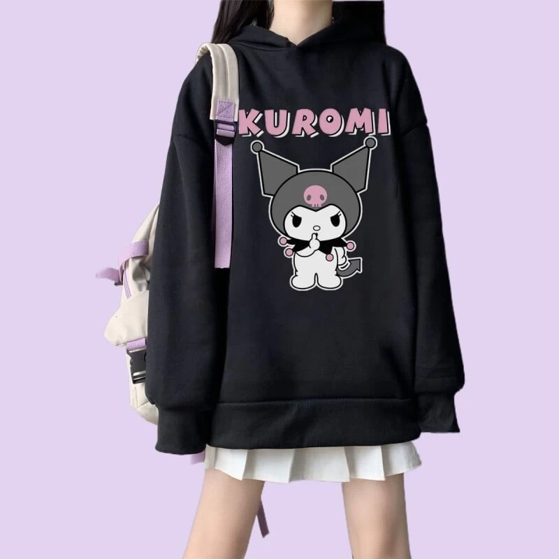 Kawaii Soft Girl Style Cartoon Kuromi Print Loose Hoodie 3 Kawaii Soft Girl Style Cartoon Kuromi Print Loose Hoodie