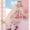Kawaii Stamp Bear Printing Lolita JSK Dress -Kawaii Fashion Shop Kawaii Stamp Bear Printing Lolita JSK Dress Women Lacing Stitching Lace Pleated Sleeveless Strap Dress B1848