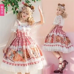 Kawaii Stamp Bear Printing Lolita JSK Dress -Kawaii Fashion Shop Kawaii Stamp Bear Printing Lolita JSK Dress Women Lacing Stitching Lace Pleated Sleeveless Strap Dress B1848 2