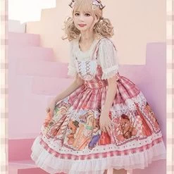 Kawaii Stamp Bear Printing Lolita JSK Dress -Kawaii Fashion Shop Kawaii Stamp Bear Printing Lolita JSK Dress Women Lacing Stitching Lace Pleated Sleeveless Strap Dress B1848 3