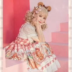 Kawaii Stamp Bear Printing Lolita JSK Dress -Kawaii Fashion Shop Kawaii Stamp Bear Printing Lolita JSK Dress Women Lacing Stitching Lace Pleated Sleeveless Strap Dress B1848 4