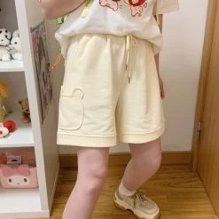 Kawaii Sweet Girl Style Bear Embroidered High Waist Shorts -Kawaii Fashion Shop Kawaii Sweet Girl Style Bear Embroidered High Waist Shorts 4