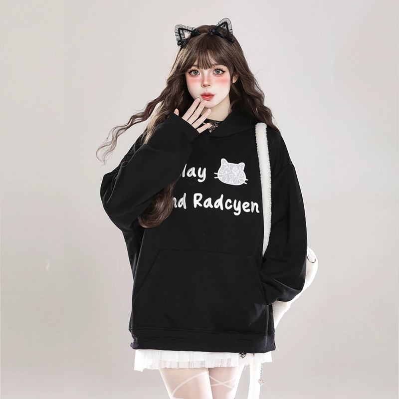 Kawaii Sweet Girl Style Black Cartoon Cat Embroidered Sweatshirt 3 Kawaii Sweet Girl Style Black Cartoon Cat Embroidered Sweatshirt