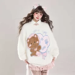 Kawaii Sweet Girl Style Cute Bear Round Embroidery Pullover Sweater -Kawaii Fashion Shop Kawaii Sweet Girl Style Cute Bear Round Embroidery Pullover Sweater 1