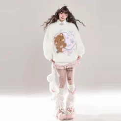 Kawaii Sweet Girl Style Cute Bear Round Embroidery Pullover Sweater -Kawaii Fashion Shop Kawaii Sweet Girl Style Cute Bear Round Embroidery Pullover Sweater 5