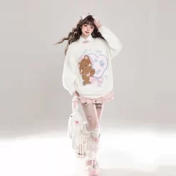 Kawaii Sweet Girl Style Cute Bear Round Embroidery Pullover Sweater -Kawaii Fashion Shop Kawaii Sweet Girl Style Cute Bear Round Embroidery Pullover Sweater 6
