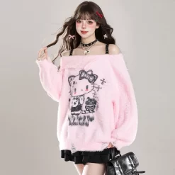 Kawaii Sweet Girl Style Hello Kitty Print Off-Shoulder Sweater -Kawaii Fashion Shop Kawaii Sweet Girl Style Hello Kitty Print Off Shoulder Sweater 3