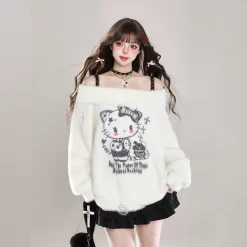 Kawaii Sweet Girl Style Hello Kitty Print Off-Shoulder Sweater -Kawaii Fashion Shop Kawaii Sweet Girl Style Hello Kitty Print Off Shoulder Sweater 4