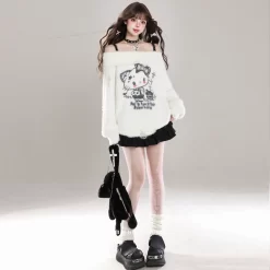 Kawaii Sweet Girl Style Hello Kitty Print Off-Shoulder Sweater -Kawaii Fashion Shop Kawaii Sweet Girl Style Hello Kitty Print Off Shoulder Sweater 5