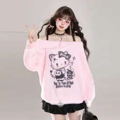 Kawaii Sweet Girl Style Hello Kitty Print Off-Shoulder Sweater -Kawaii Fashion Shop Kawaii Sweet Girl Style Hello Kitty Print Off Shoulder Sweater 7