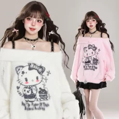 Kawaii Sweet Girl Style Hello Kitty Print Off-Shoulder Sweater -Kawaii Fashion Shop Kawaii Sweet Girl Style Hello Kitty Print Off Shoulder Sweater 8