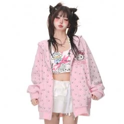 Kawaii Sweet Girl Style Hello Kitty Printed Hooded Coat -Kawaii Fashion Shop Kawaii Sweet Girl Style Hello Kitty Printed Hooded Coat 12