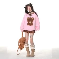 Kawaii Sweet Girl Style Pink Bear Embroidery Hooded Sweater -Kawaii Fashion Shop Kawaii Sweet Girl Style Pink Bear Embroidery Hooded Sweater 1
