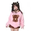Kawaii Sweet Girl Style Pink Bear Embroidery Hooded Sweater 1 Kawaii Sweet Girl Style Pink Bear Embroidery Hooded Sweater -Kawaii Fashion Shop Kawaii Sweet Girl Style Pink Bear Embroidery Hooded Sweater 10