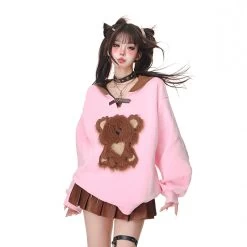 Kawaii Sweet Girl Style Pink Bear Embroidery Hooded Sweater -Kawaii Fashion Shop Kawaii Sweet Girl Style Pink Bear Embroidery Hooded Sweater 4