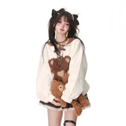 Kawaii Sweet Girl Style Pink Bear Embroidery Hooded Sweater -Kawaii Fashion Shop Kawaii Sweet Girl Style Pink Bear Embroidery Hooded Sweater 5