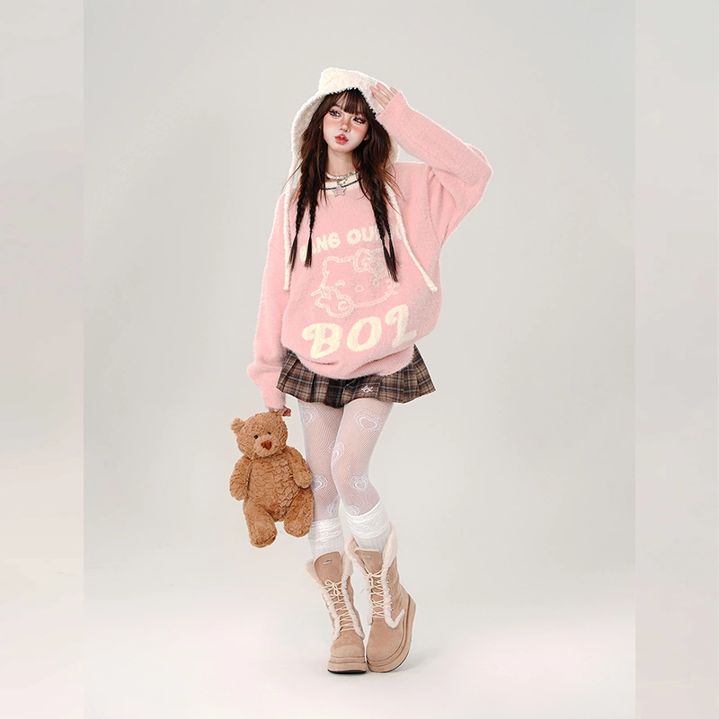 Kawaii Sweet Girl Style Pink Hello Kitty Embroidered Sweater 8 Kawaii Sweet Girl Style Pink Hello Kitty Embroidered Sweater - Image 6