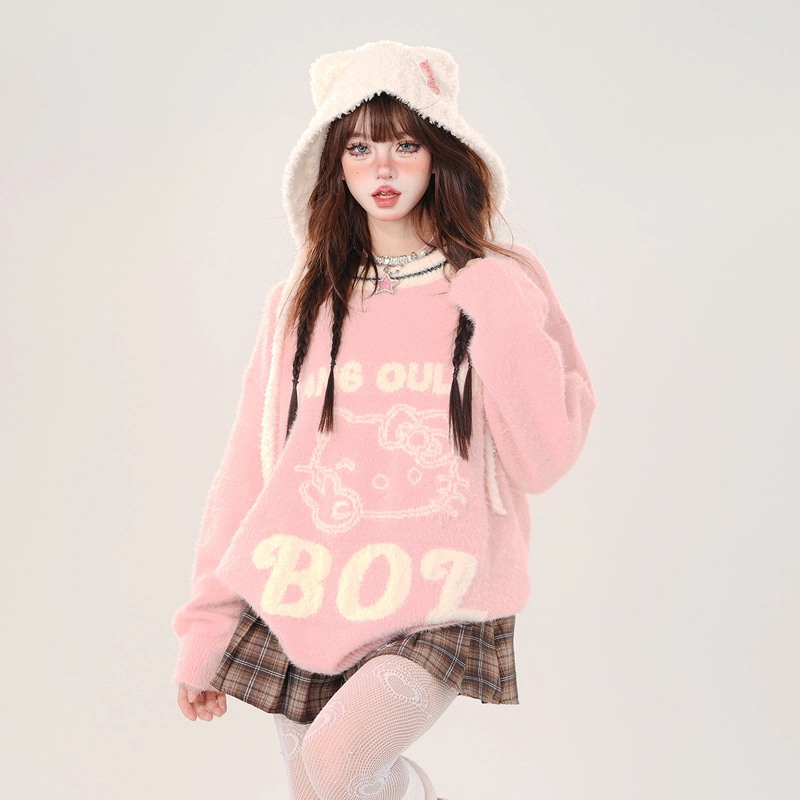 Kawaii Sweet Girl Style Pink Hello Kitty Embroidered Sweater 4 Kawaii Sweet Girl Style Pink Hello Kitty Embroidered Sweater - Image 2