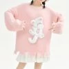 Kawaii Sweet Girly Pink Kitten Embroidered Sweater 2 Kawaii Sweet Girly Pink Kitten Embroidered Sweater -Kawaii Fashion Shop Kawaii Sweet Girly Pink Kitten Embroidered Sweater 1