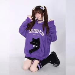 Kawaii Sweet Girly Style Purple 3D Embroidered Kitten Sweatshirt -Kawaii Fashion Shop Kawaii Sweet Girly Style Purple 3D Embroidered Kitten Sweatshirt 4