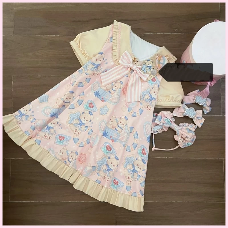 Kawaii Sweet Style Cartoon Navy Bear Print Lolita OP Dress 11 Kawaii Sweet Style Cartoon Navy Bear Print Lolita OP Dress - Image 9
