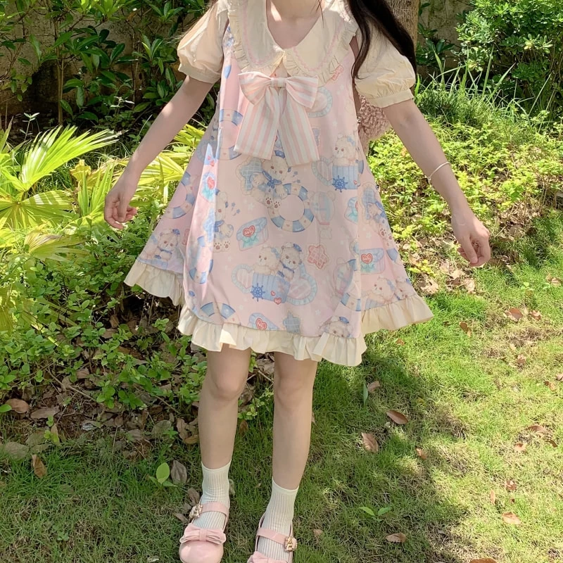 Kawaii Sweet Style Cartoon Navy Bear Print Lolita OP Dress 4 Kawaii Sweet Style Cartoon Navy Bear Print Lolita OP Dress - Image 2
