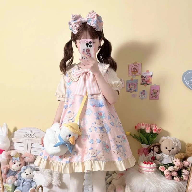 Kawaii Sweet Style Cartoon Navy Bear Print Lolita OP Dress 6 Kawaii Sweet Style Cartoon Navy Bear Print Lolita OP Dress - Image 4