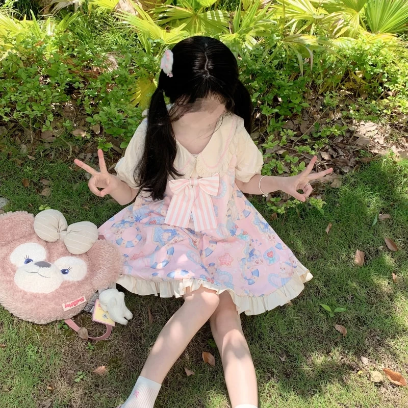 Kawaii Sweet Style Cartoon Navy Bear Print Lolita OP Dress 8 Kawaii Sweet Style Cartoon Navy Bear Print Lolita OP Dress - Image 6