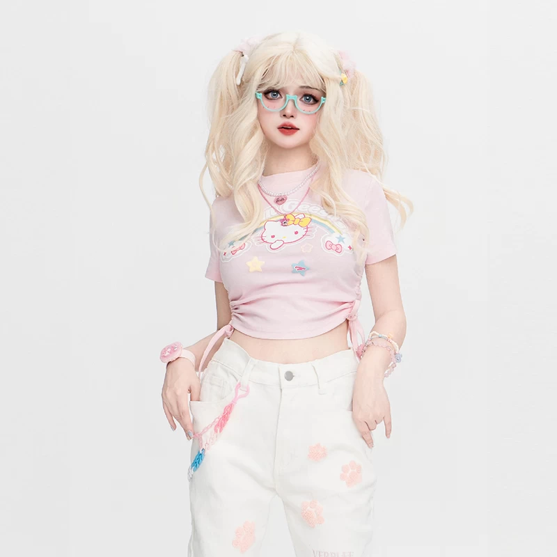 Kawaii Sweet Style Pink Hello Kitty Printed Round Neck T-shirt 4 Kawaii Sweet Style Pink Hello Kitty Printed Round Neck T-shirt - Image 2